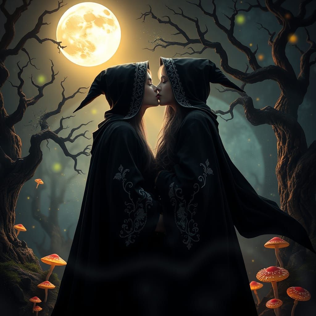 Witches' Kiss Under Moonlight: A Dark Fantasy Scene