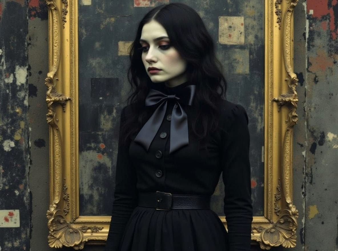 Goth Girl Portrait in Gilded Frame, Low Angle View