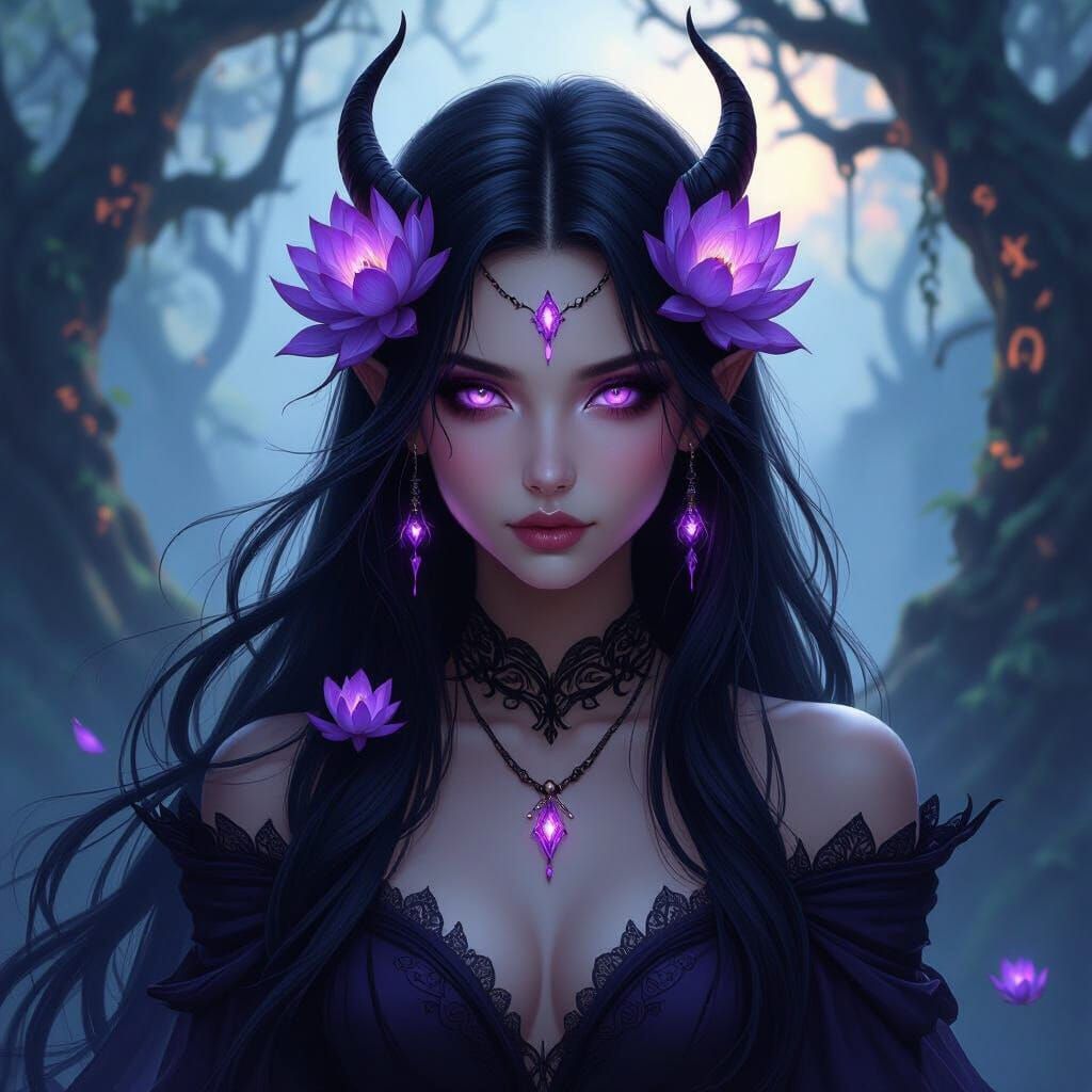 Ethereal Demon Girl Amidst Mystical Forest Runes