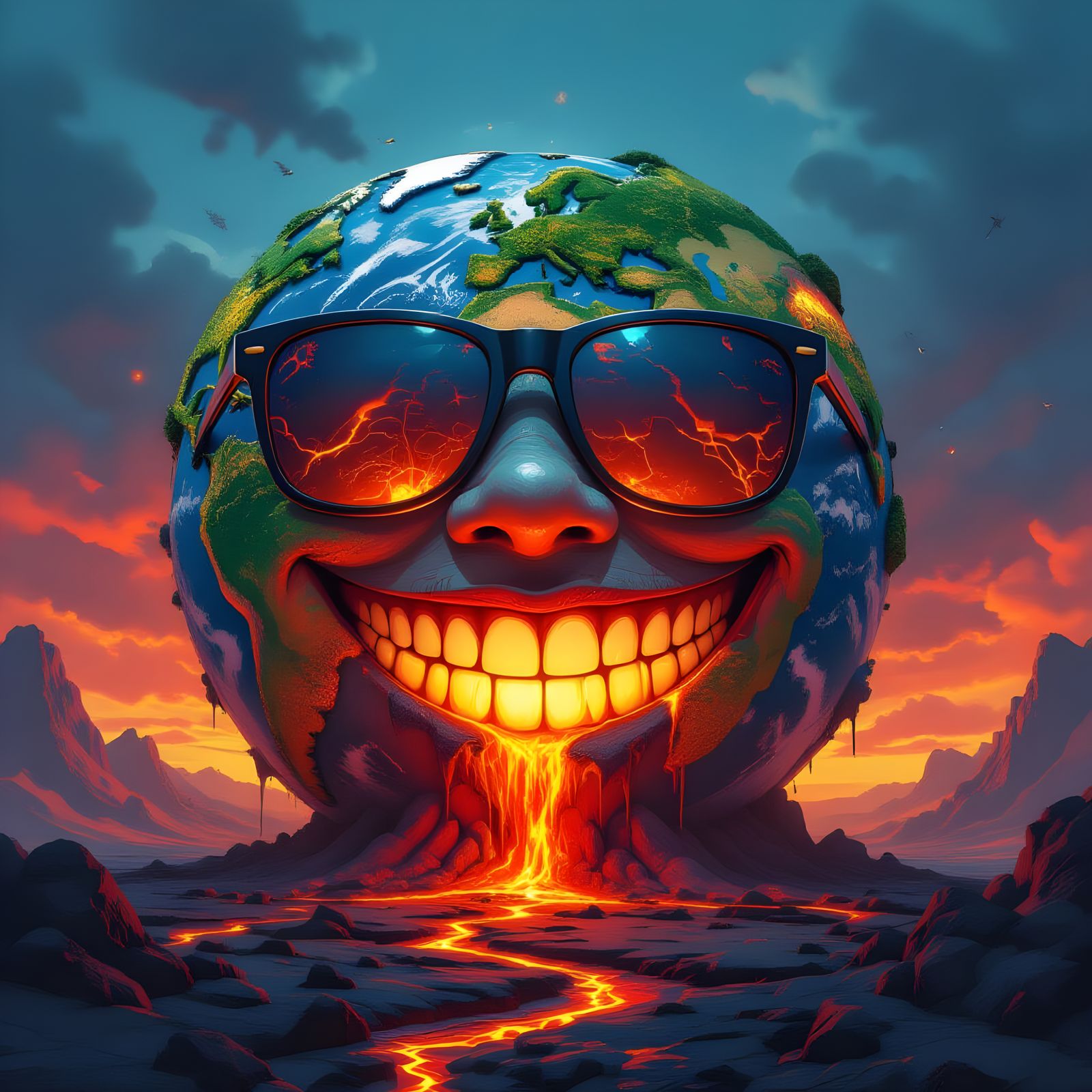 Colossal Smiling Earth Face with Molten Lava