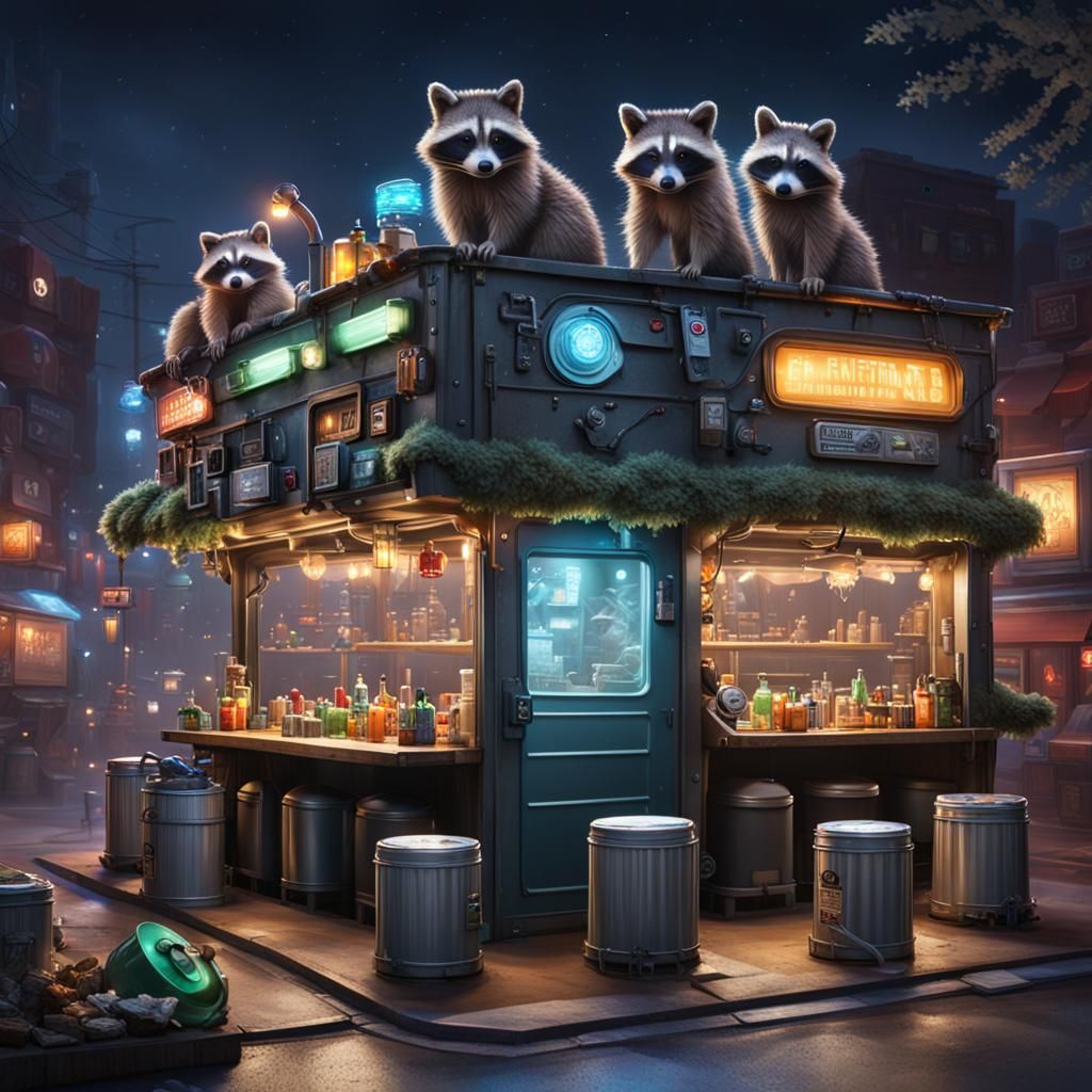 Raccoon Pub in Trash Can: Trashpunk Organic Surrealism