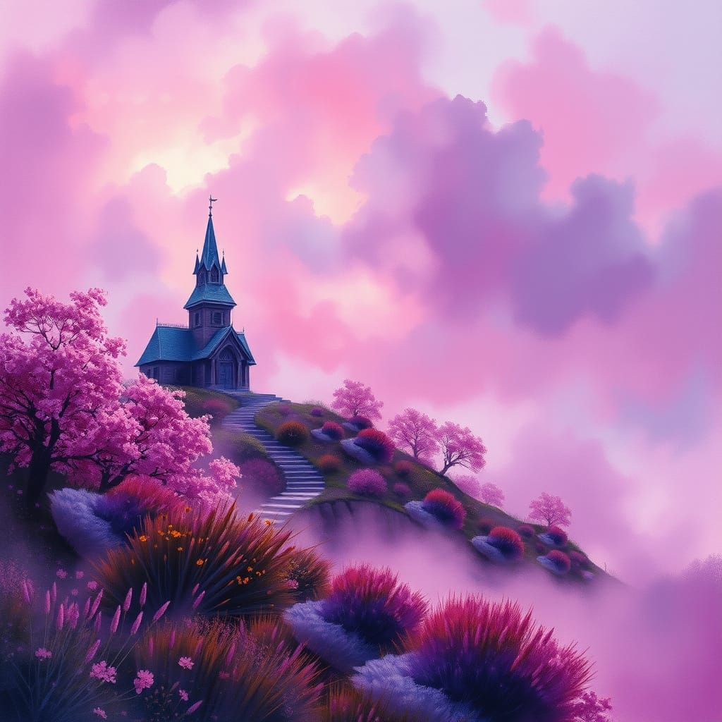 Ethereal Violet Landscape in Gouache Style