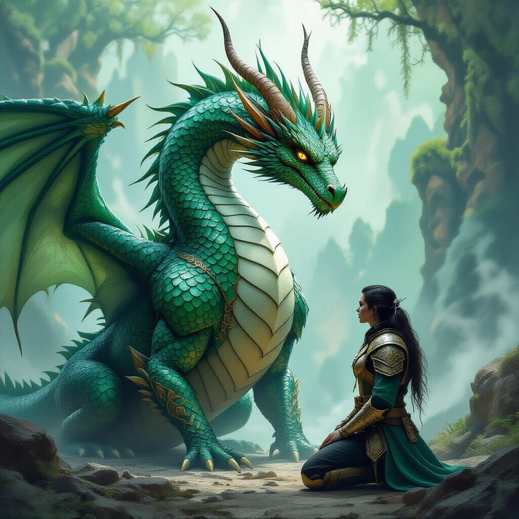 Majestic Jade Dragon and Armored Warrior in Mystic Realm