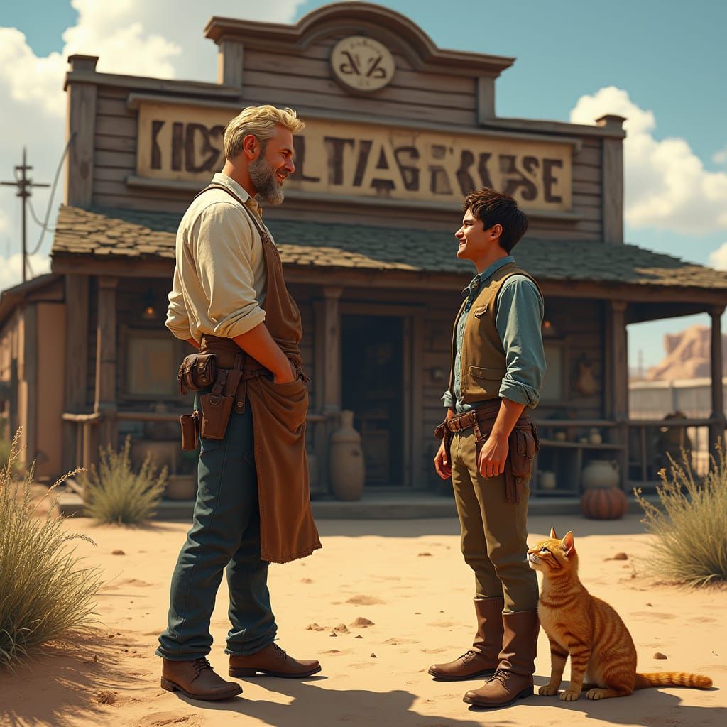 Tall Cowboy in Rustic Teahouse Scene