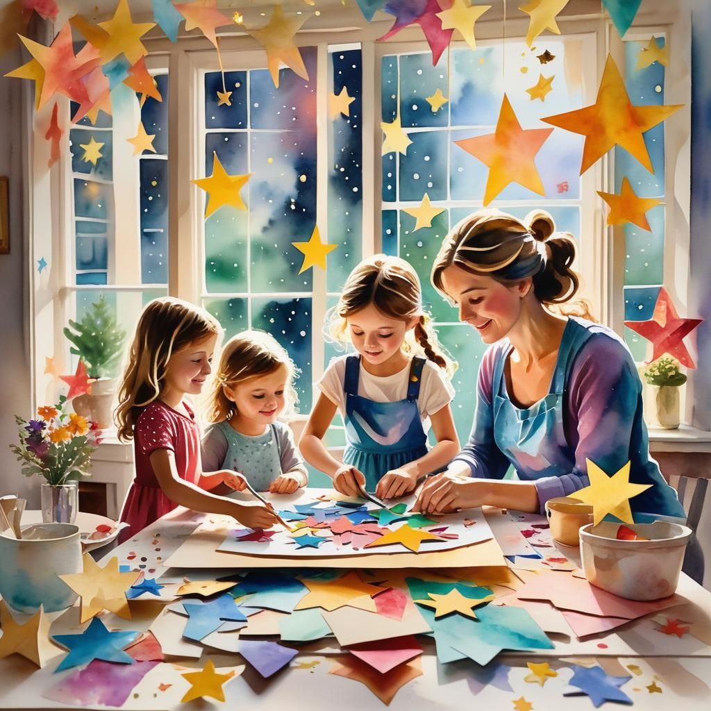 Mother and Children Craft Whimsical Watercolor Scene