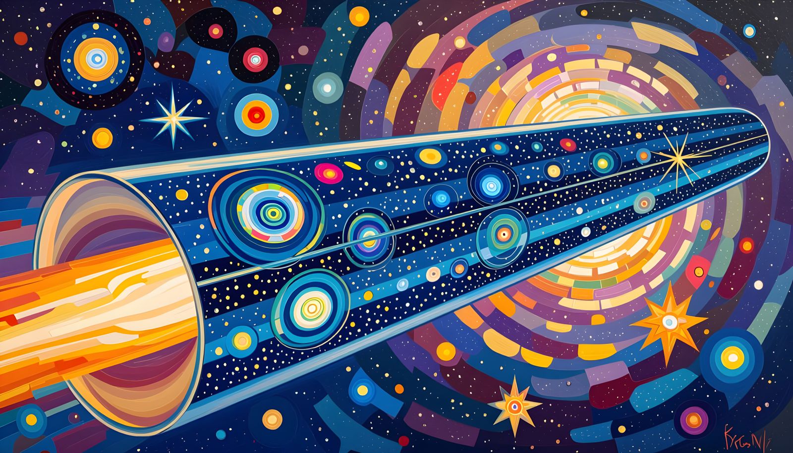 Metallic Cylinder Soars Through Star Cluster as Impasto Oil