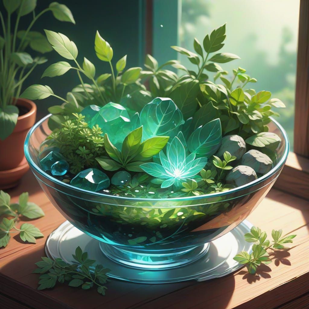 Anime-Style Bowl of Healing Herbs with Glowing Aventurine