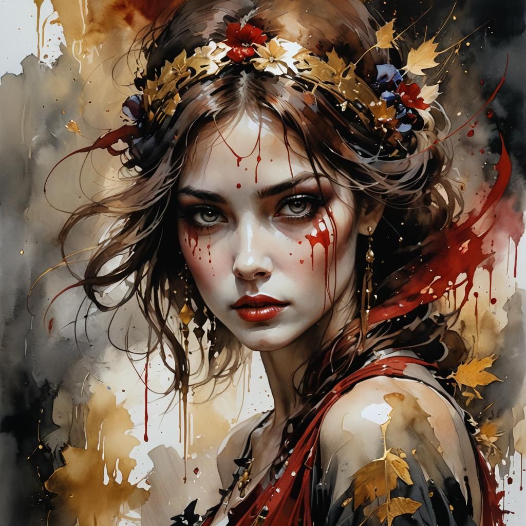 Geisha Portrait in Watercolor Floral Landscape