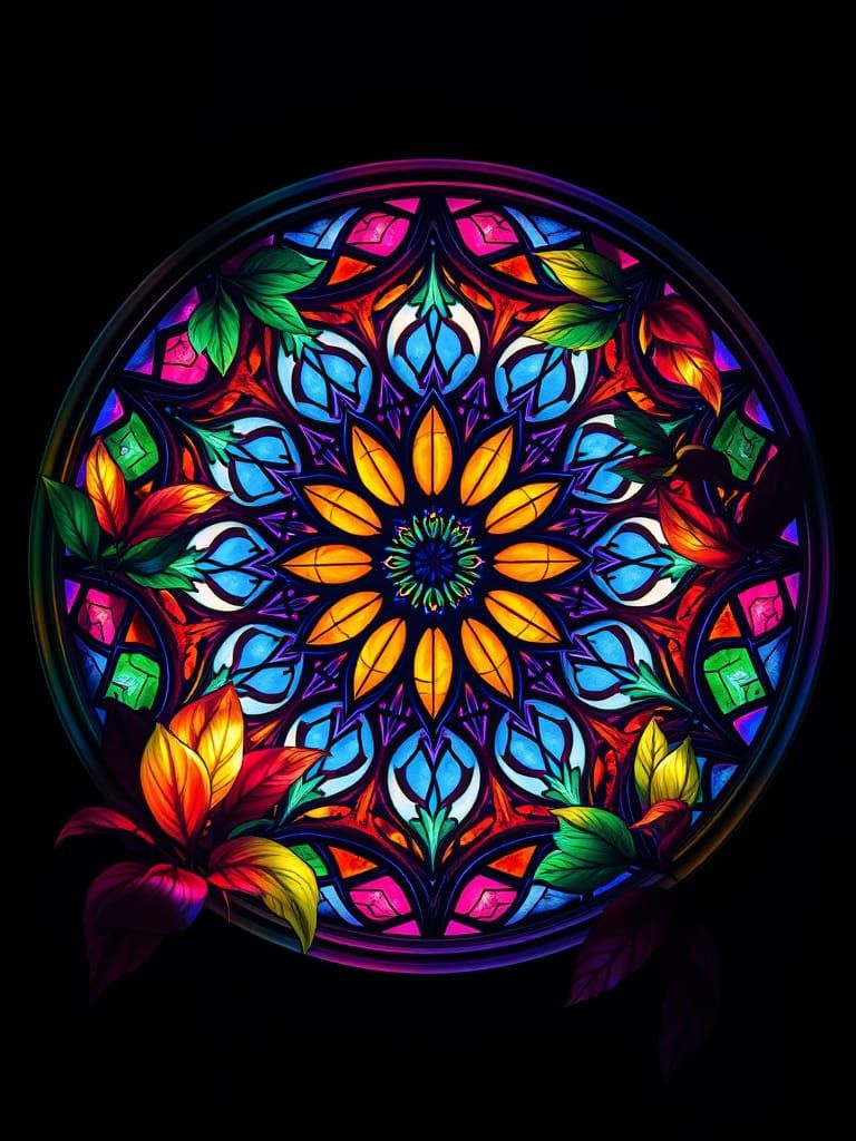 Kaleidoscopic Stained Glass Window with Neon Leaves