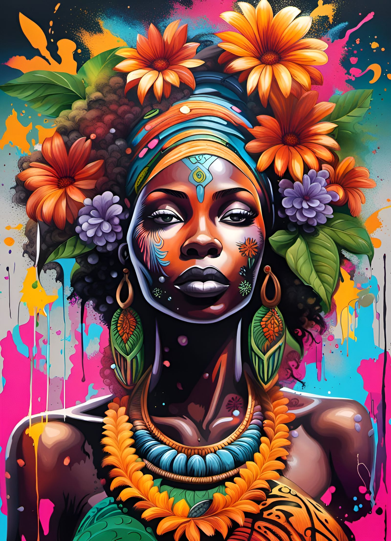African Goddess of Nature, One with flowers and leaves, graffiti art, splash art, street art, spray paint, oil gouache m...