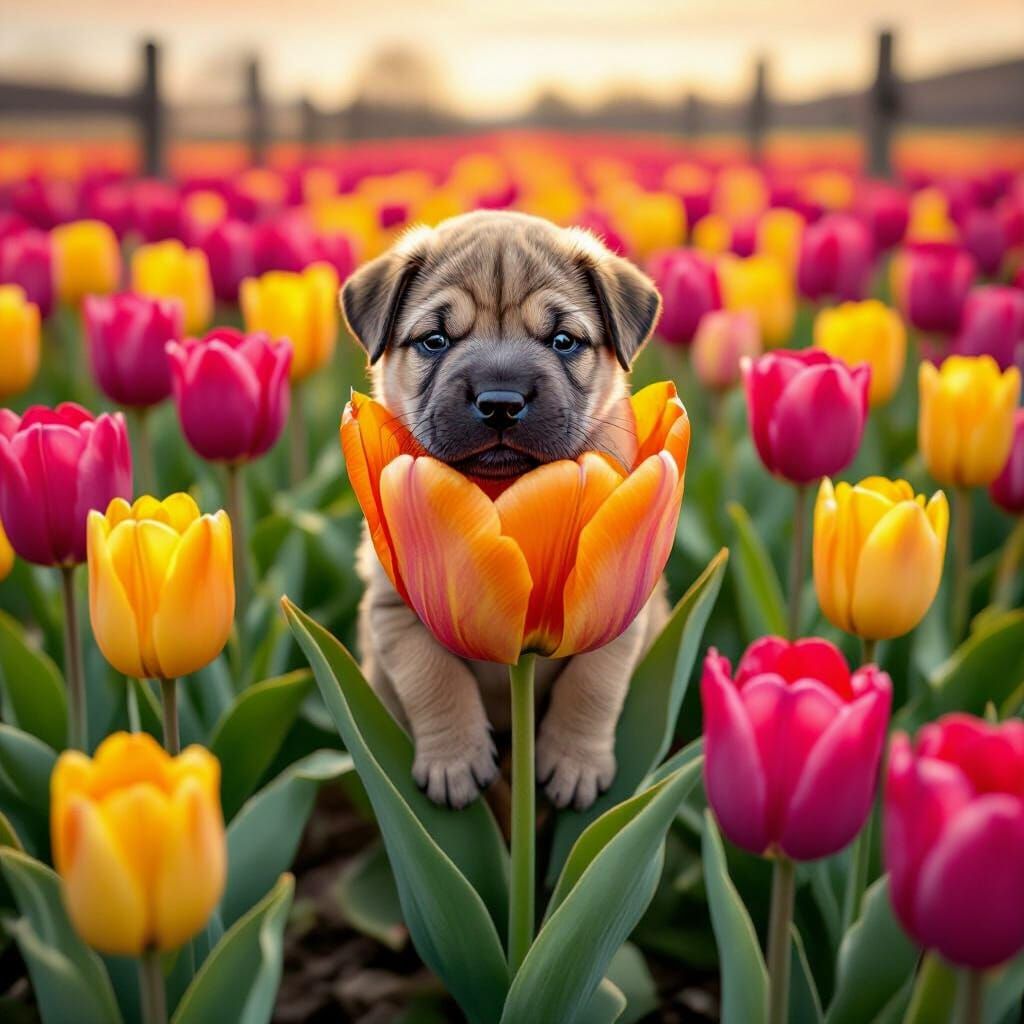 Sharpei Puppy in Tulip Field: Dreamy Whimsical Art