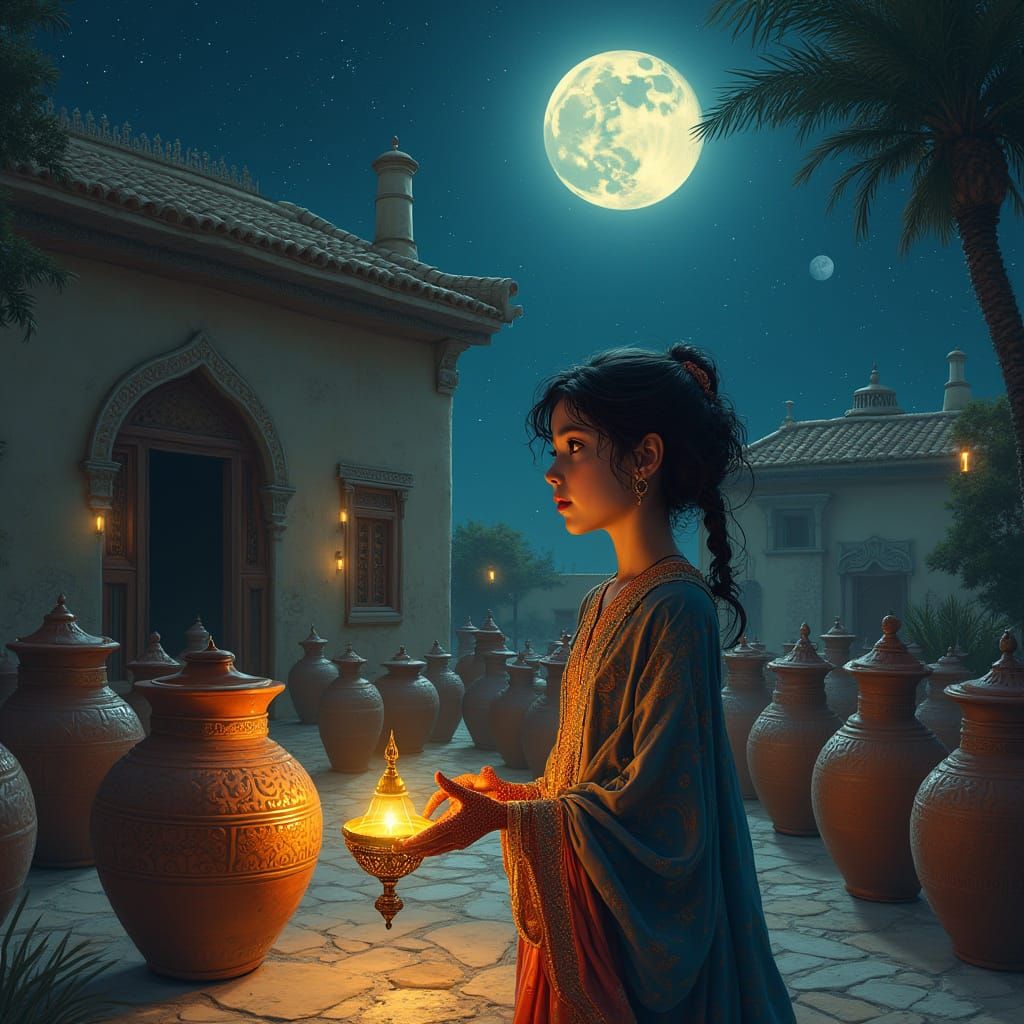 Moonlit Arabian Nights Scene with Intricate Patterns and Mys...