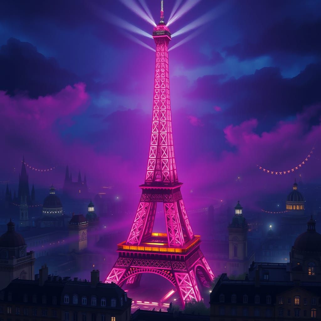 Pink Eiffel Tower in Dark Parisian Nightscape