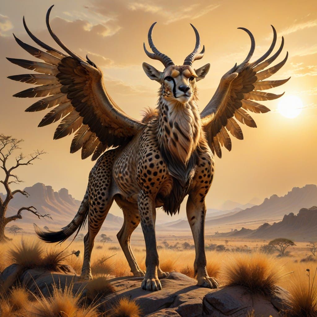 Majestic Chimera Soars Over Sun-Kissed Savannah