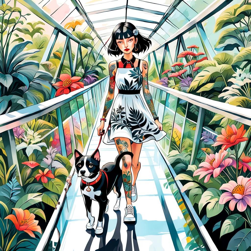 Woman with Tattoos Walking Dog on Glass Bridge