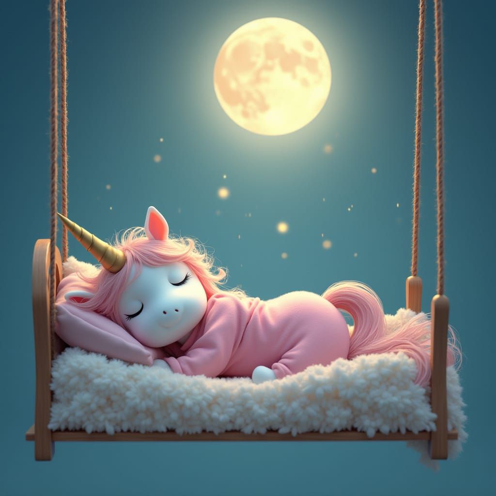 Unicorn in Pink Pajamas Sleeping Under Moon