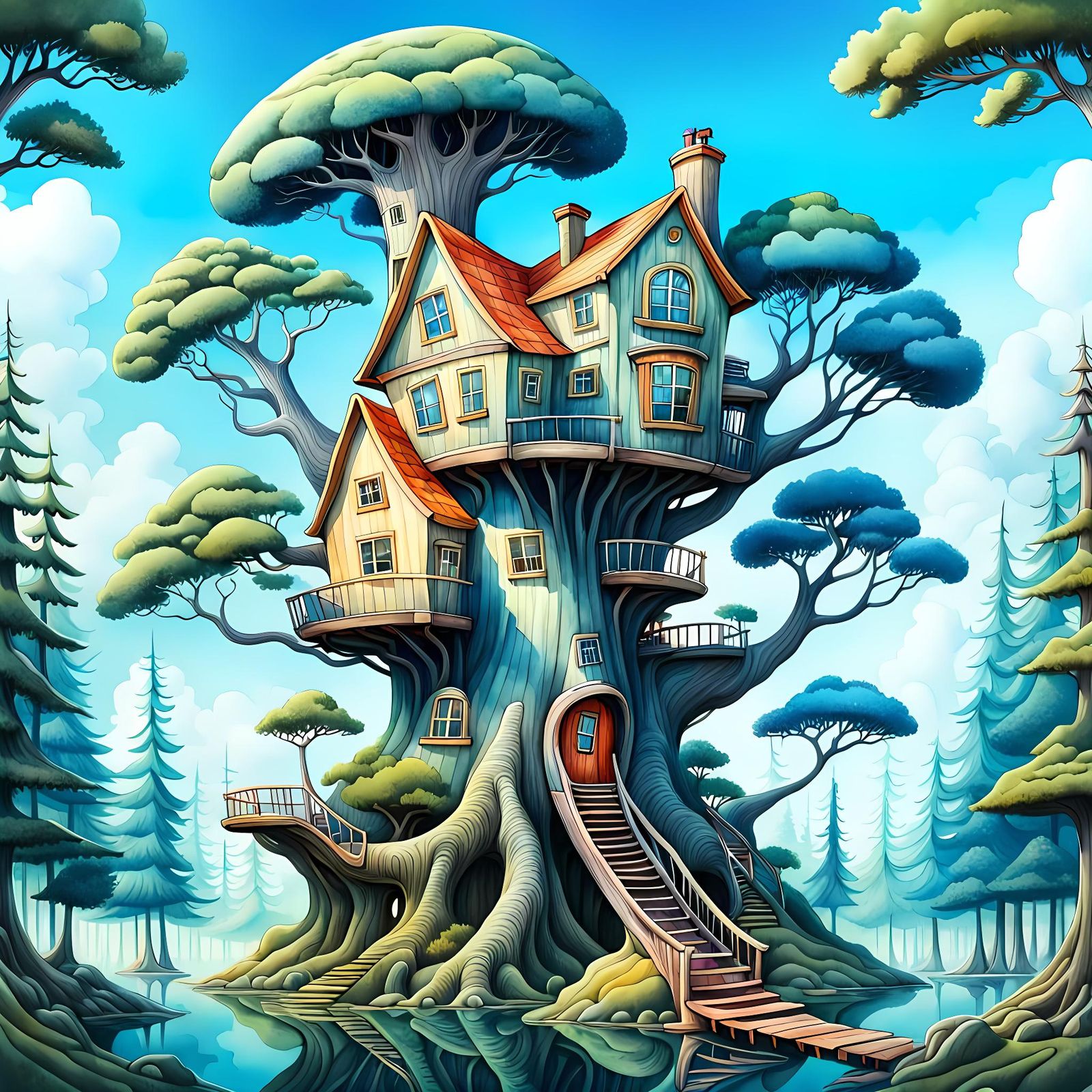 Surreal Treehouse in Watercolor Style Fantasy Art