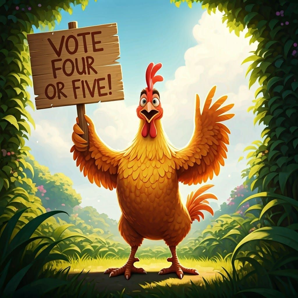 Pixar-Style Cartoon Chicken Holding Vote Sign