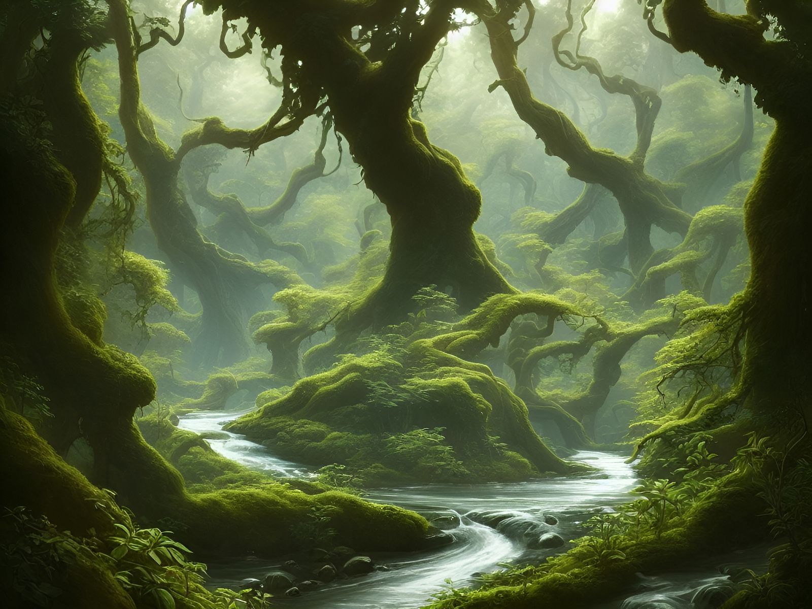 Lush Forest River Digital Painting