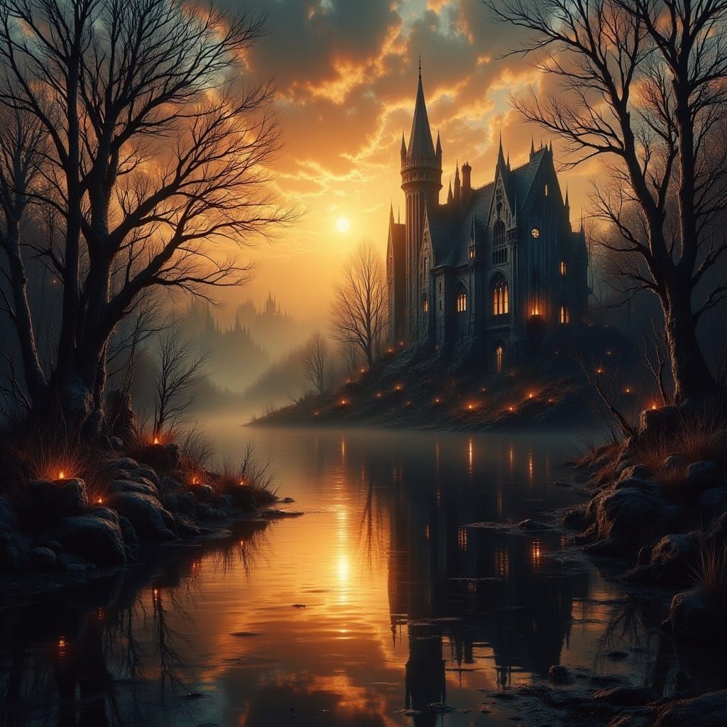 Gothic Autumn Manor at Sunset in Oil Painting Style