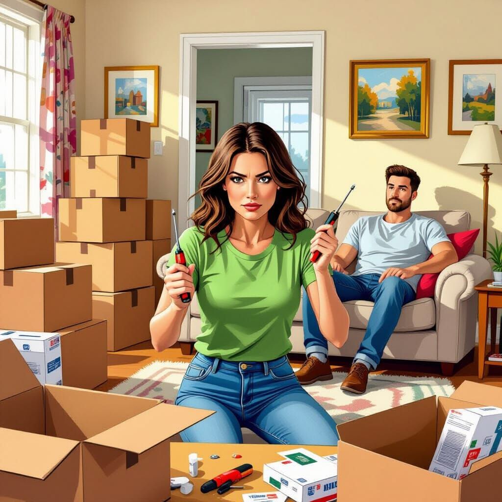 Woman Assembling Furniture in Rockwell Style