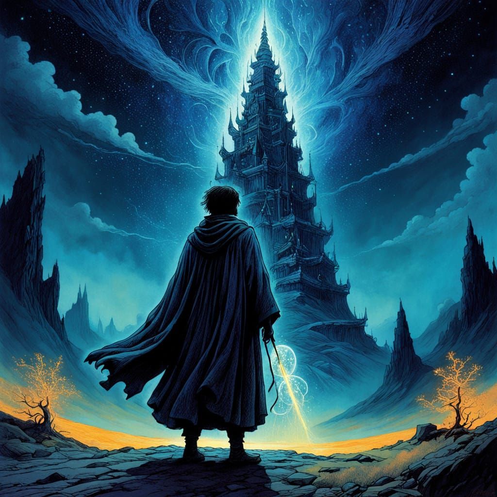 Sorcerer's Apprentice Weaves Cosmic Magic in Glowing Tower