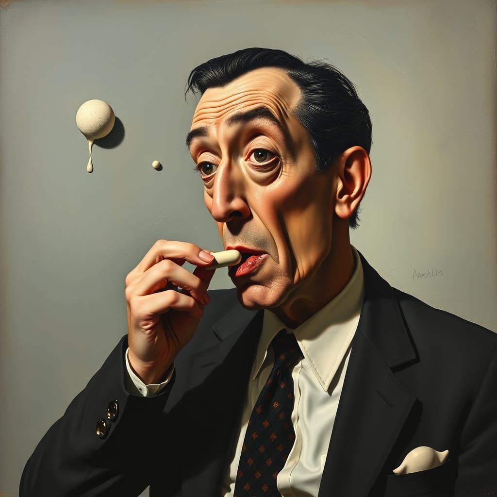 Surreal Figure Popping Pill in Dali-esque Style