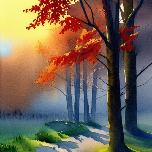 Autumn Rain Watercolor Painting at Sunrise