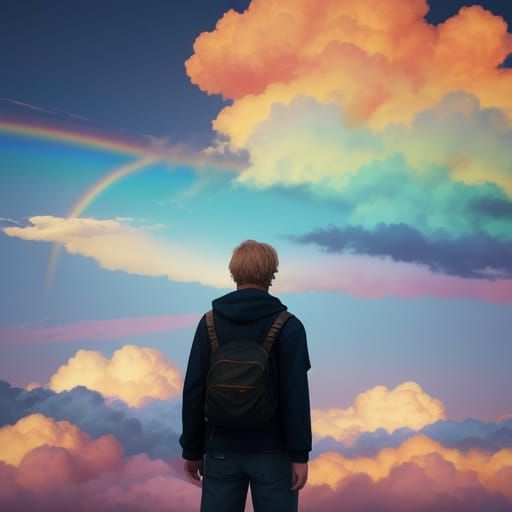 Vibrant Oil Painting of Person Before Rainbow Clouds