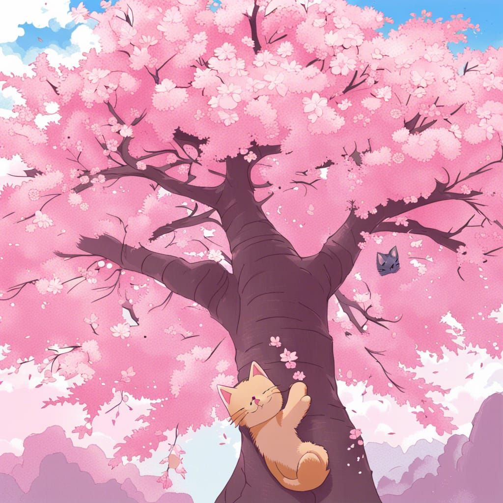 Cat Under Cherry Blossom Tree in Anime Style