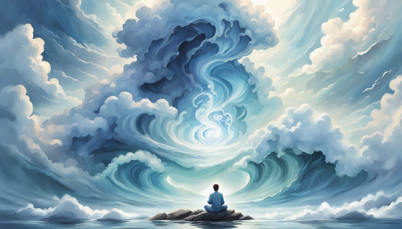 Person Meditating on Cloud with Ocean Waves