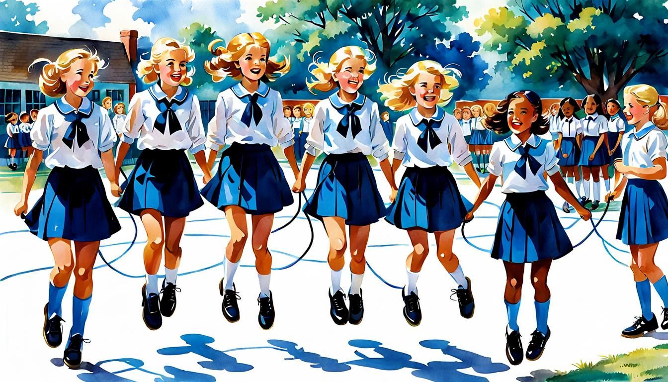 School Girls Playing Jump Rope in Watercolor Style