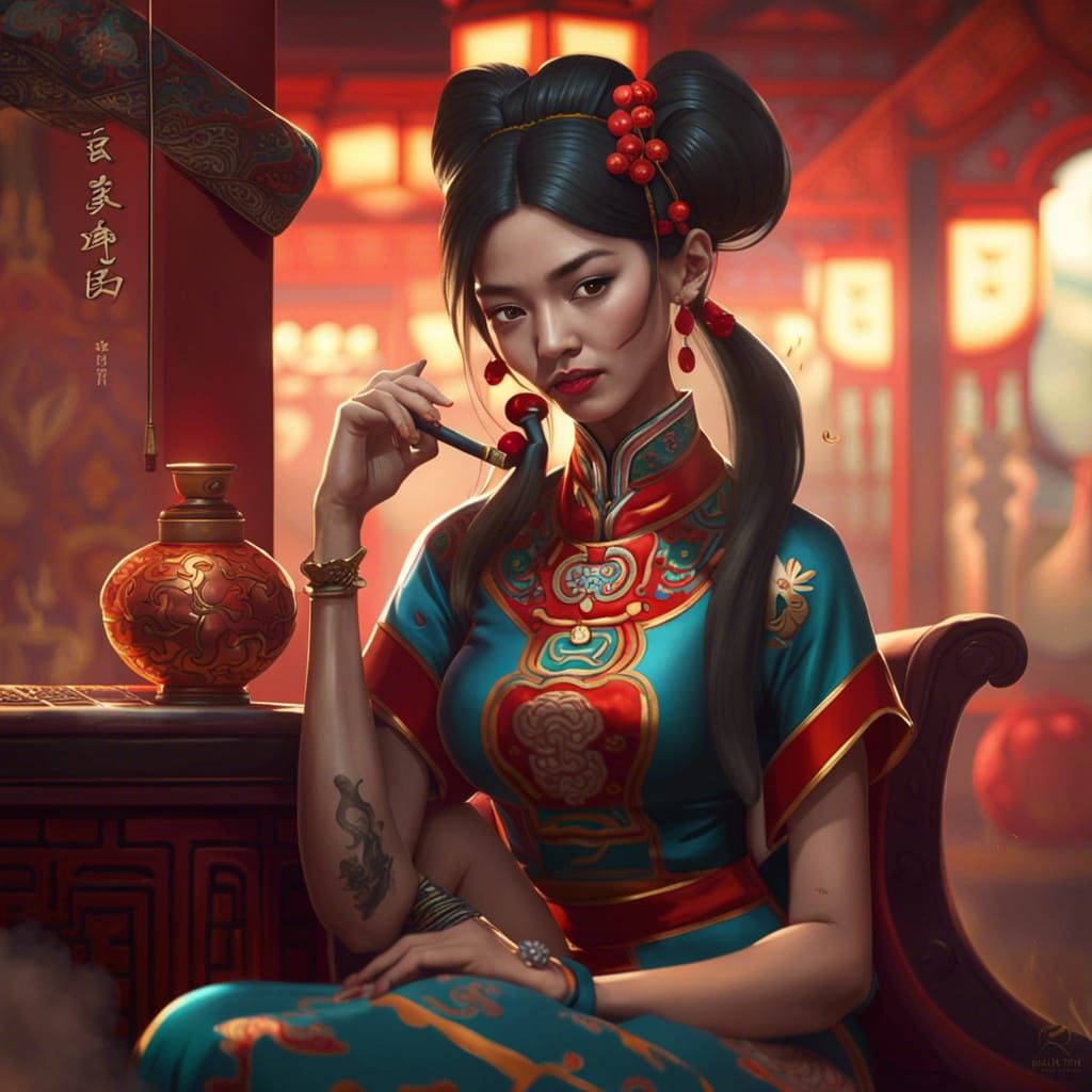 Beautiful Woman with Smoking Pipe in Casino, Digital Art