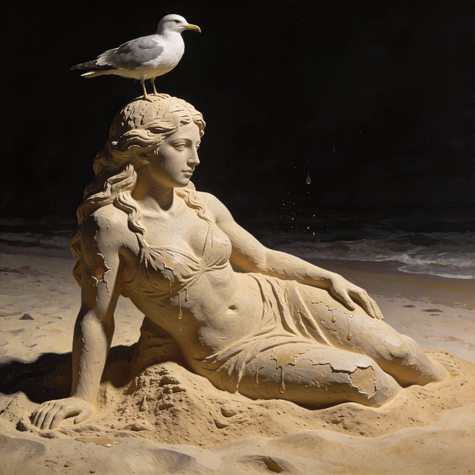 Sand Sculpture of Woman with Seagull, Chiaroscuro Style