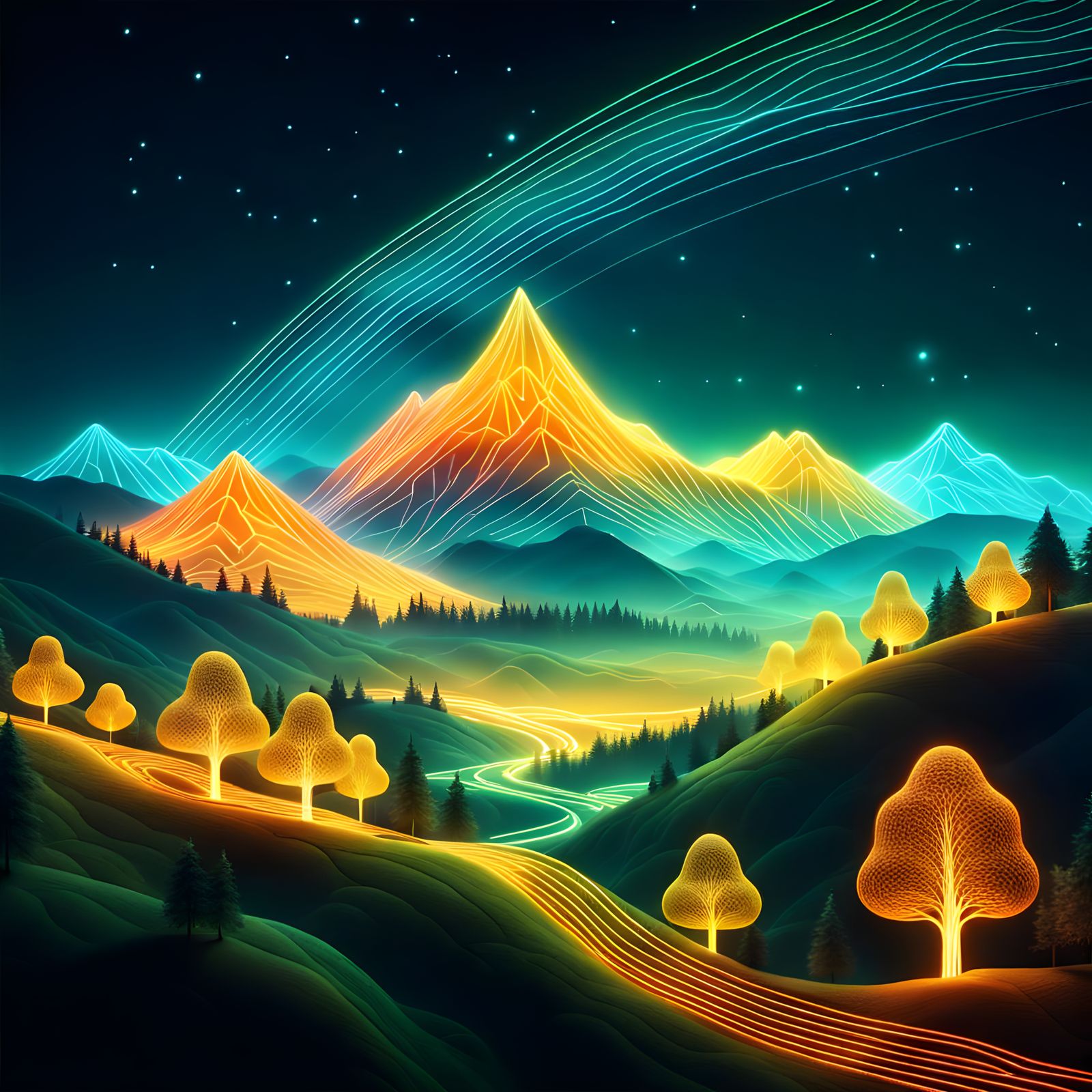 Luminous Mountain Landscape in 3D