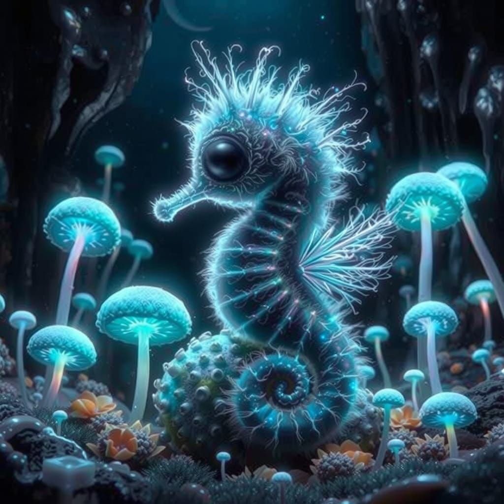 Rainbow Seahorse with Wings in Bioluminescent Cave