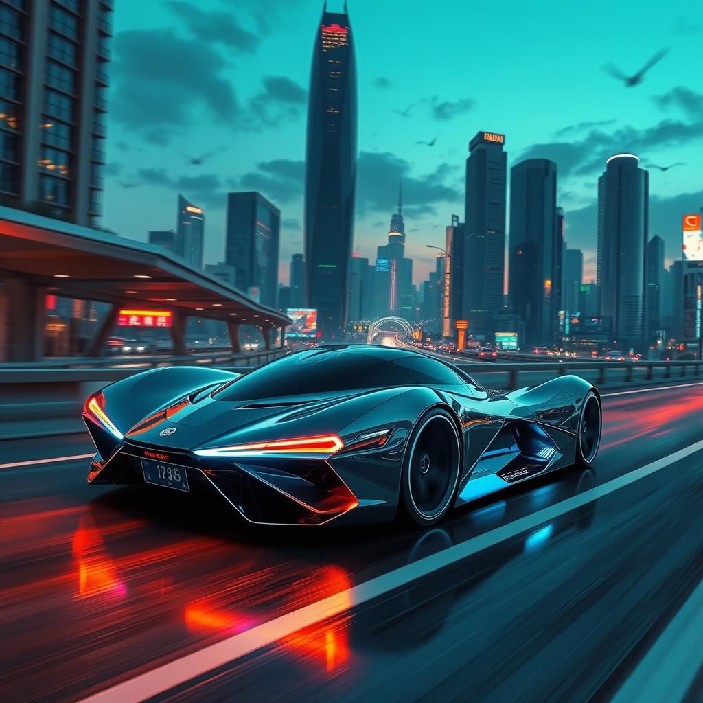 Futuristic Car Speeds Through Neon Seoul at Dusk