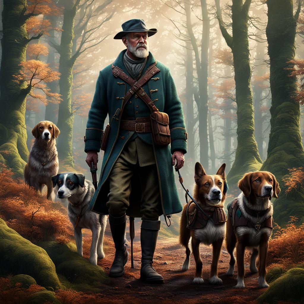 Scottish Hunter with Dogs, Detailed Matte Painting