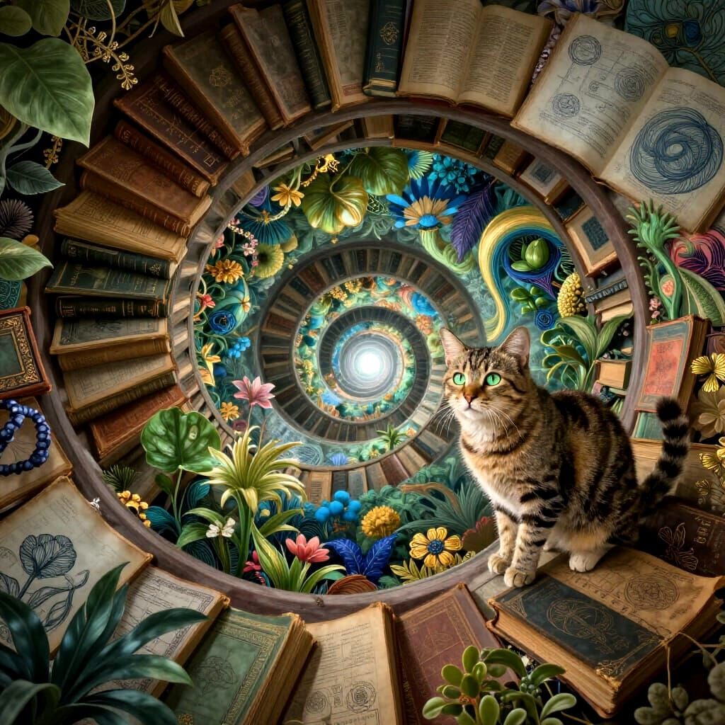 Millennial Cat on Infinite Book Staircase