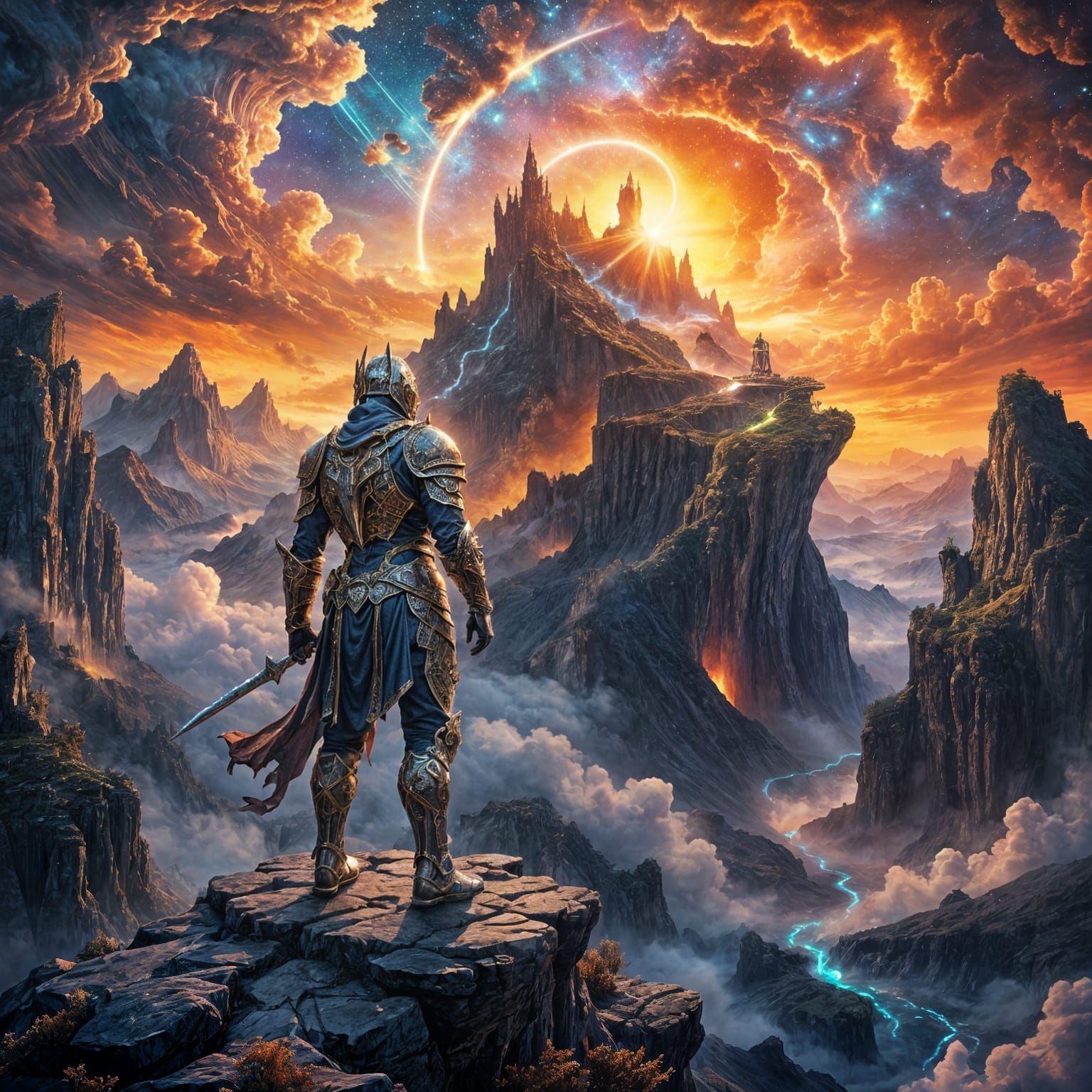 Knight on Cliff Overlooking Surreal Nebula in Digital Art St...