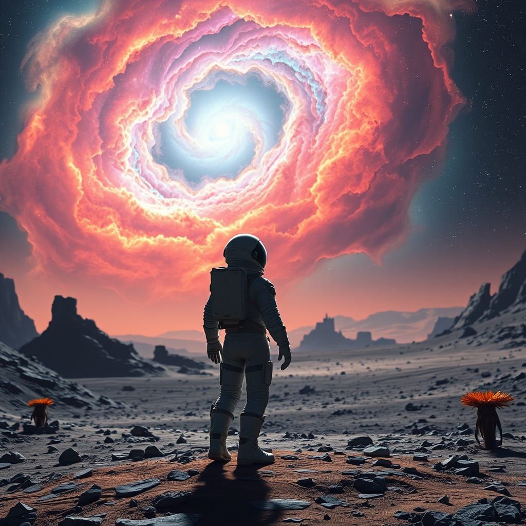 Astronaut on Alien Planet Gazing at Nebula in Futuristic Sty...