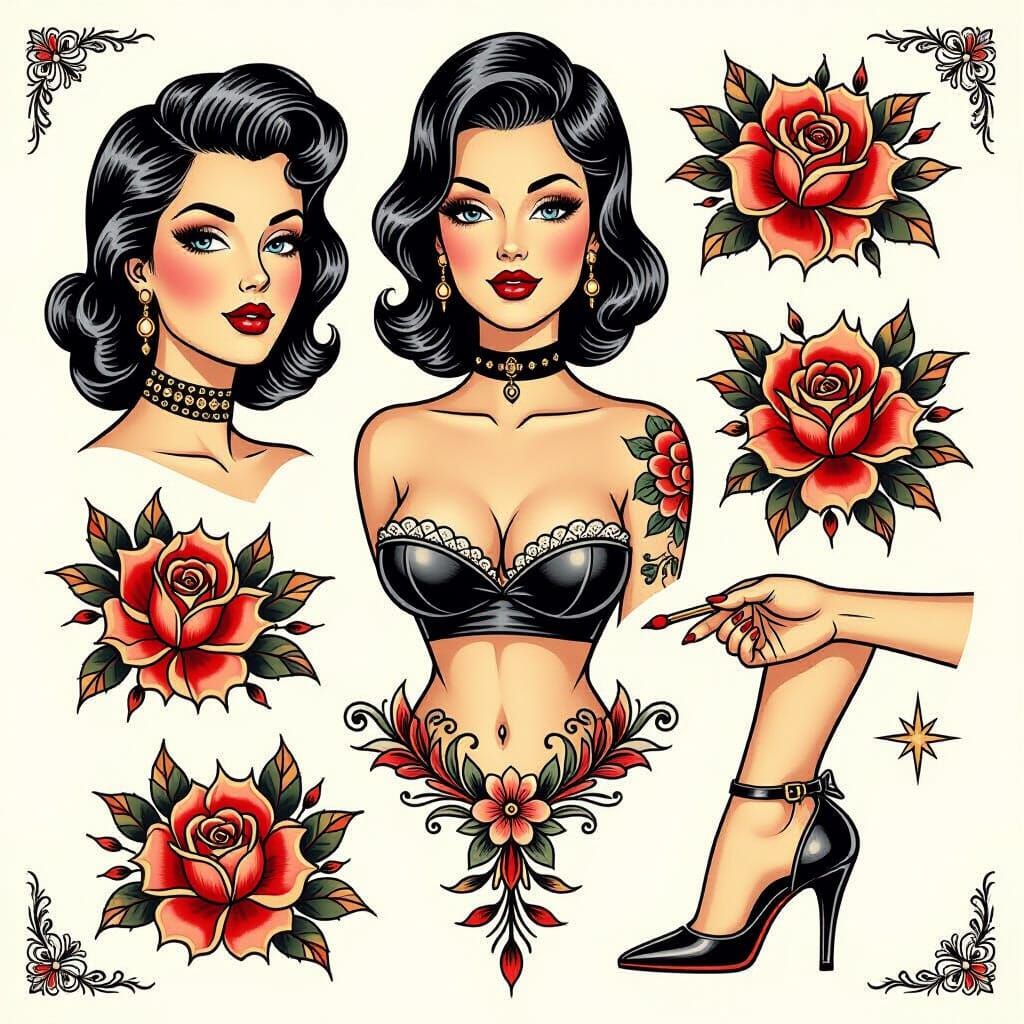 Neo-Traditional Tattoo Flash Sheet of Feminine Anatomy