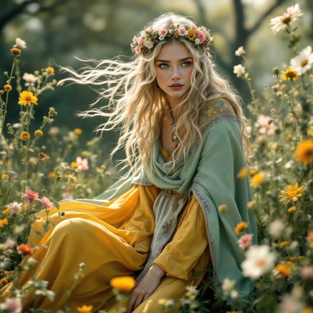 Anglo-Saxon Goddess Ēostre in Vibrant Floral Meadow