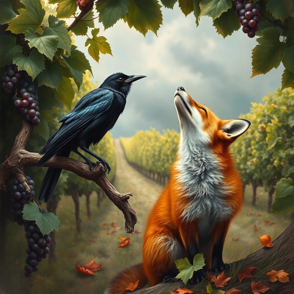 Fox and Crow in Vineyard, Realistic Style