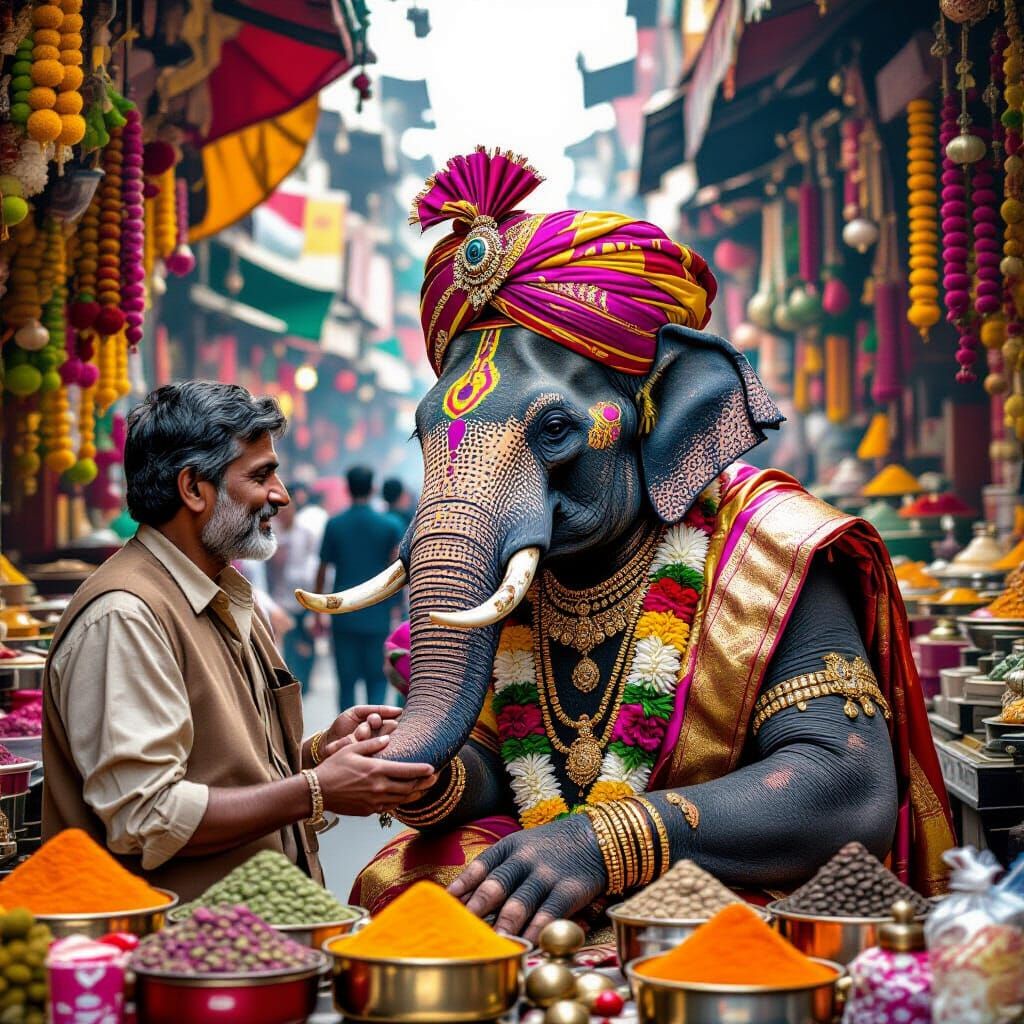 Regal Elephant Haggling in Mumbai Marketplace: Hyperrealisti...