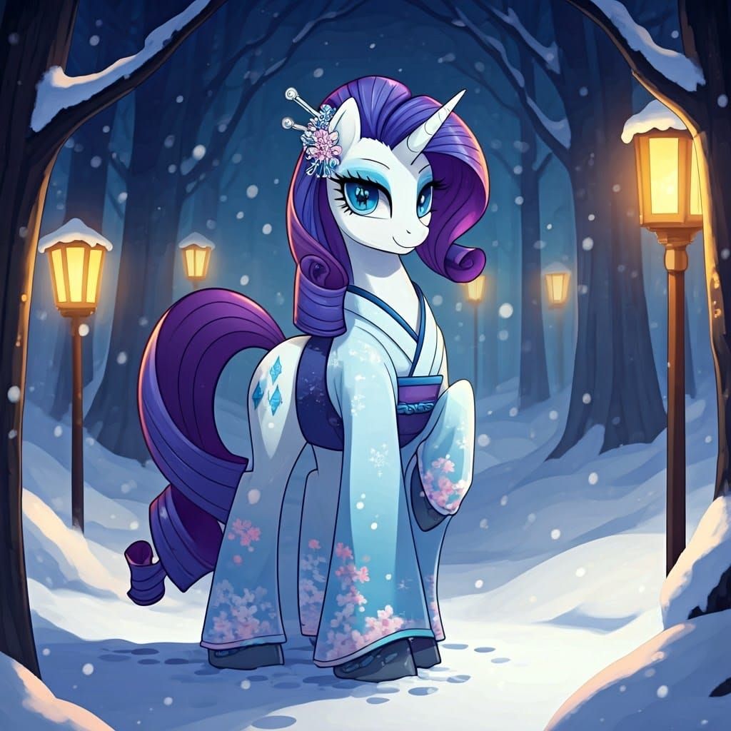 Elegant Snow Geisha Pony in Anime Style