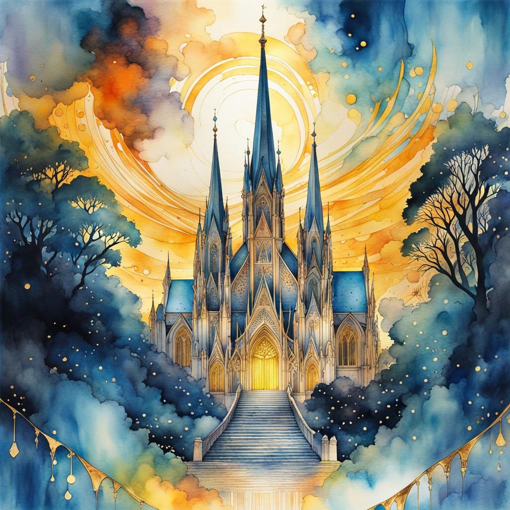 Surreal Cathedral in Watercolor Ink Splash Style