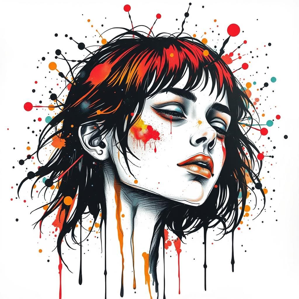 Ink Splatter Art: Cyborg Woman's Thoughts