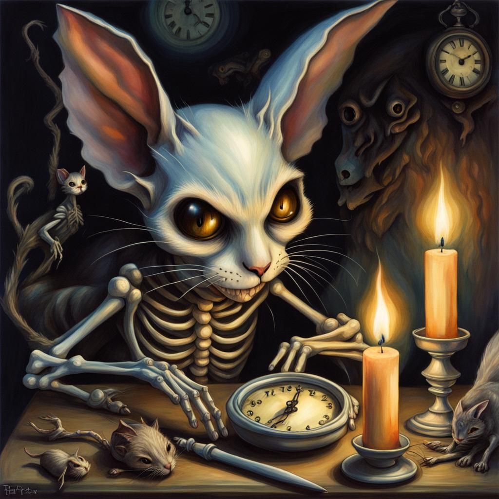 Skeleton Cat, mouse, candle, clock Hyperrealistic, splash art, concept art, mid shot, intricately detailed, color depth...