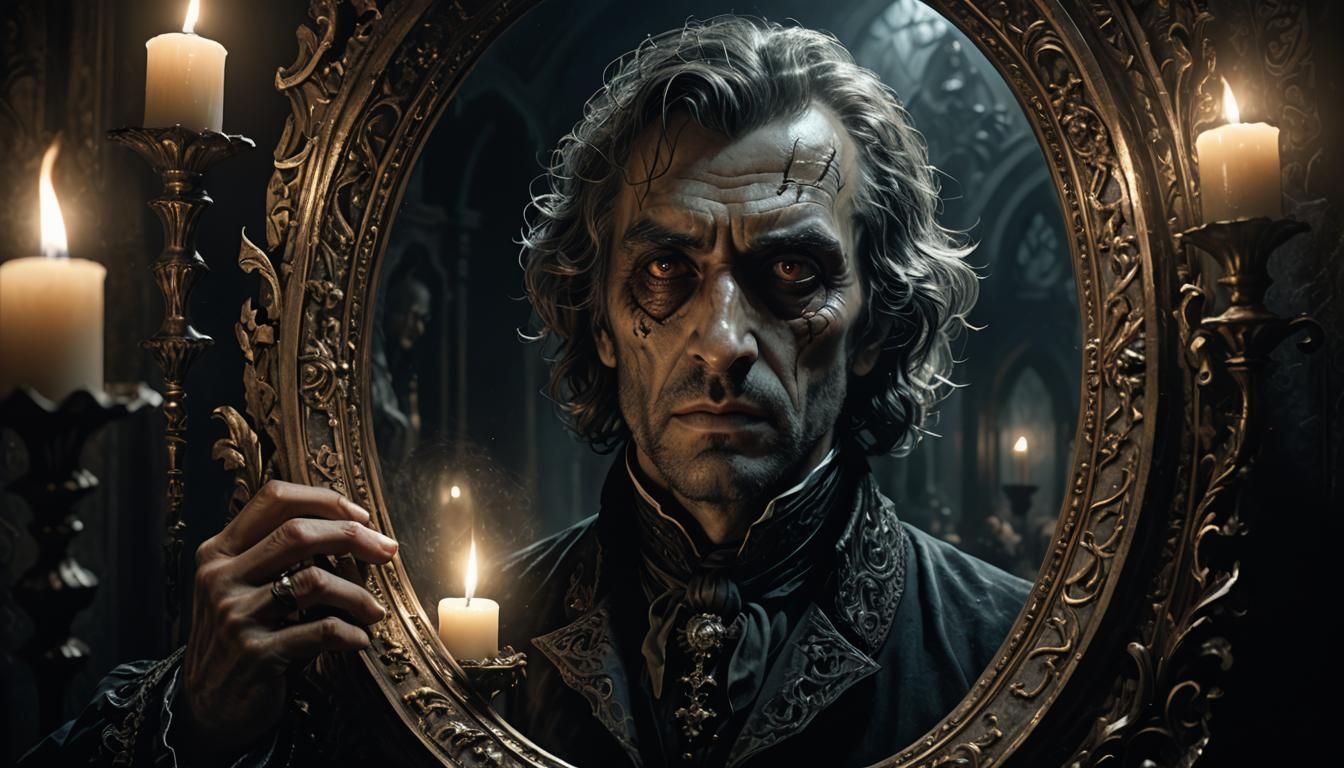 Ornate Mirror Reflects Eerie Gothic Horror Scene